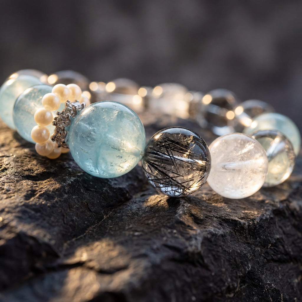 Macro of Z03 Glacial Vox — aquamarine beads, small pearls and a dark rutilated quartz bead