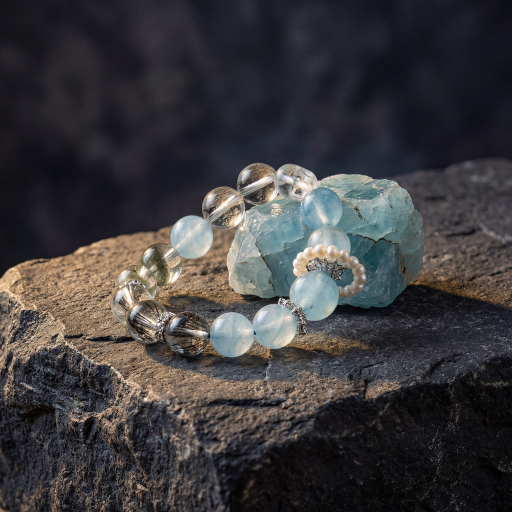 Z03 Glacial Vox bracelet leaning against raw stone on a basalt ledge