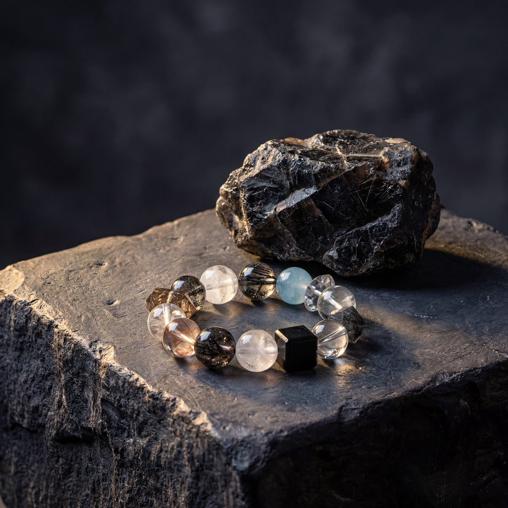Z01 Ferro Barrier bracelet resting beside a raw black crystal specimen on a basalt block