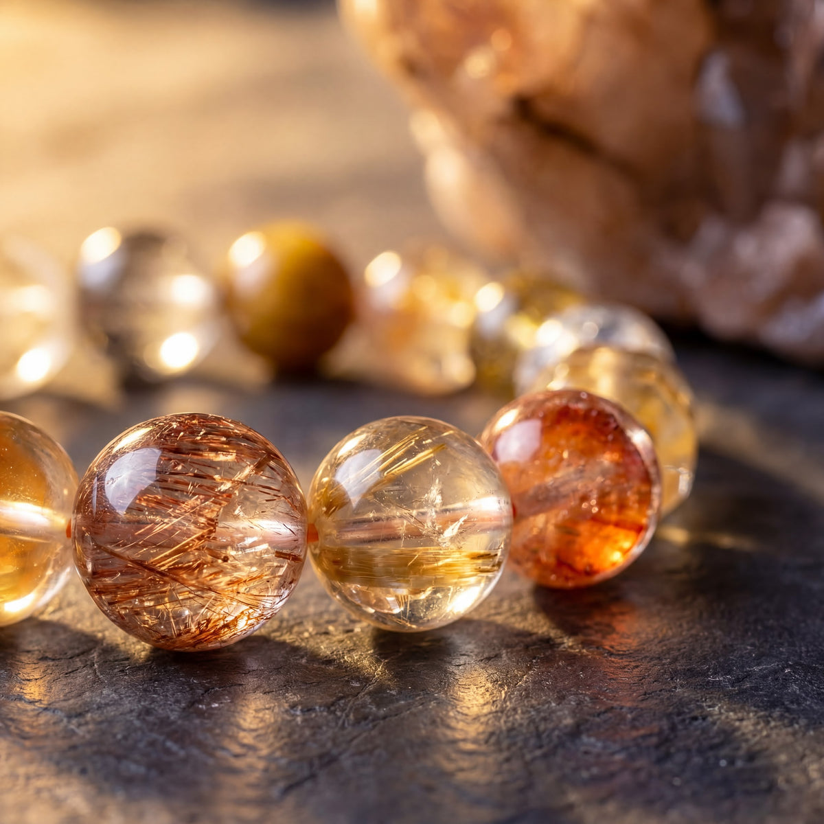 Macro of Z02 Aurum Complex beads — copper rutile threads catching warm light