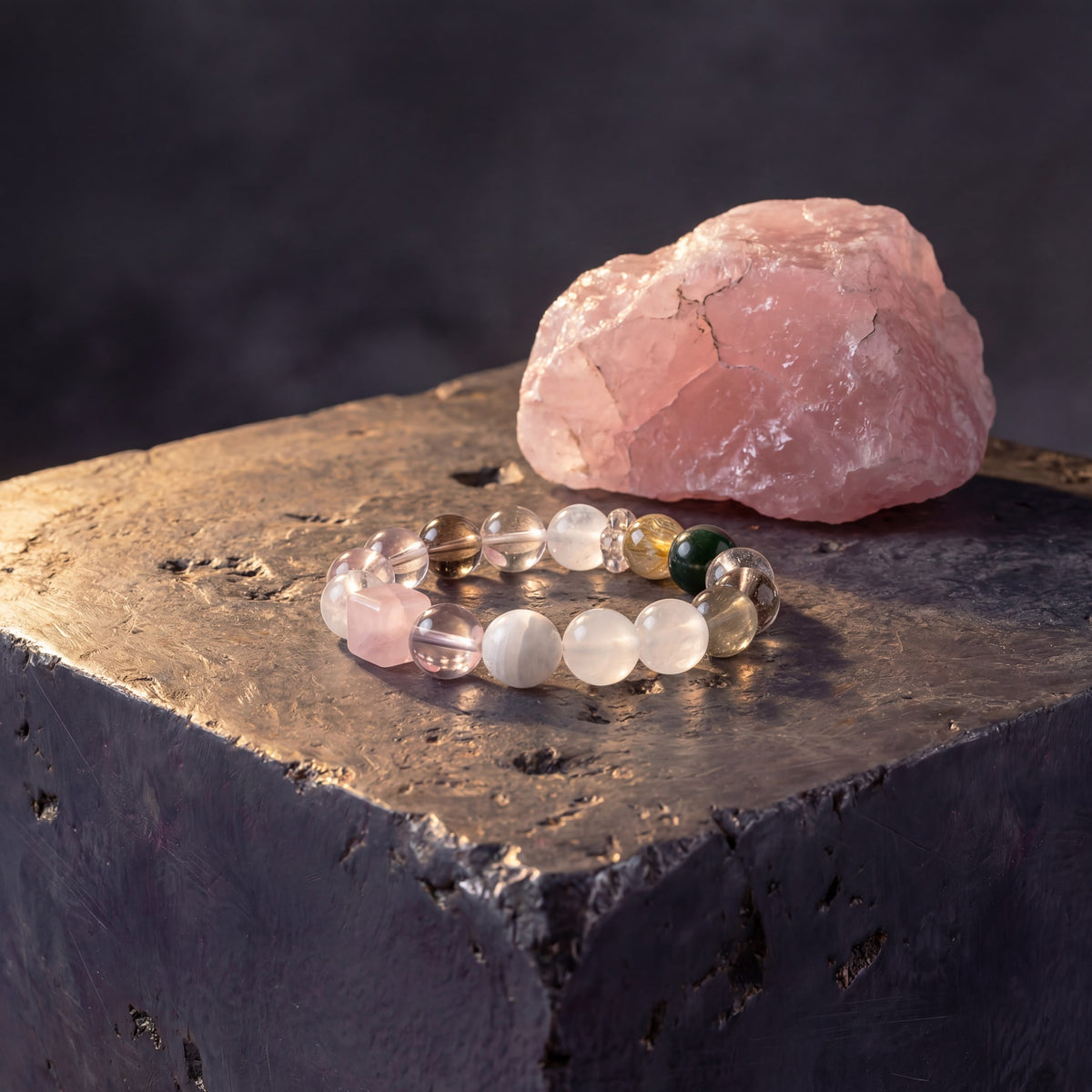 Z07 Rose Protocol bracelet beside a raw rose quartz chunk on a basalt block