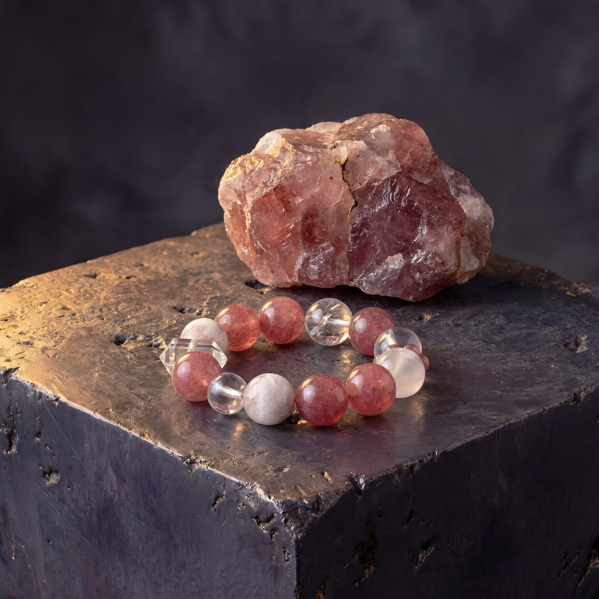 Z05 Rouge Kinetic bracelet beside a raw pink crystal specimen on a basalt block